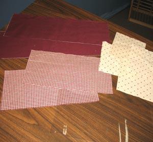 Cut the fabric for the remaining front panels with the following measurements: * Four 5 x 5 inch squares of a calico quarter flat (for the corners) * Two 11 1/2 x