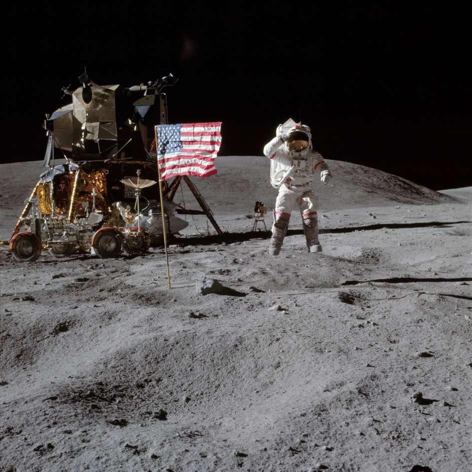 APOLLO 16 John Young and Charles Duke first to land in the lunar highlands on 21 April 1972