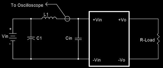 Circuit as shown in the figure below represents typical measurement methods for reflected ripple current. The capacitor C1 and inductor L1 simulate the typical DC source impedance.