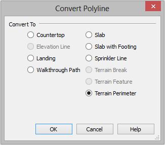 Home Designer Pro 2019 User s Guide To convert to a terrain perimeter 8. Select the plot plan polyline and click the Convert Polyline edit button.