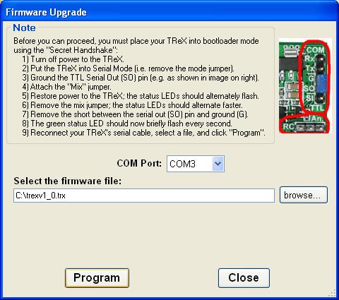 Select the COM port your TReX is connected to and enter the firmware update file s path. Click the Program button to initiate the firmware update.
