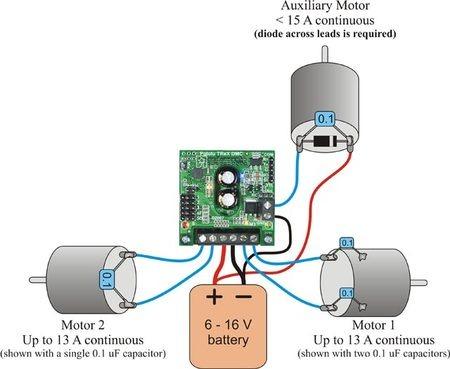 TReX motor connections (single battery) The figure above demonstrates how to connect two bidirectional motors and a unidirectional auxiliary motor to your TReX, all powered by the same battery.