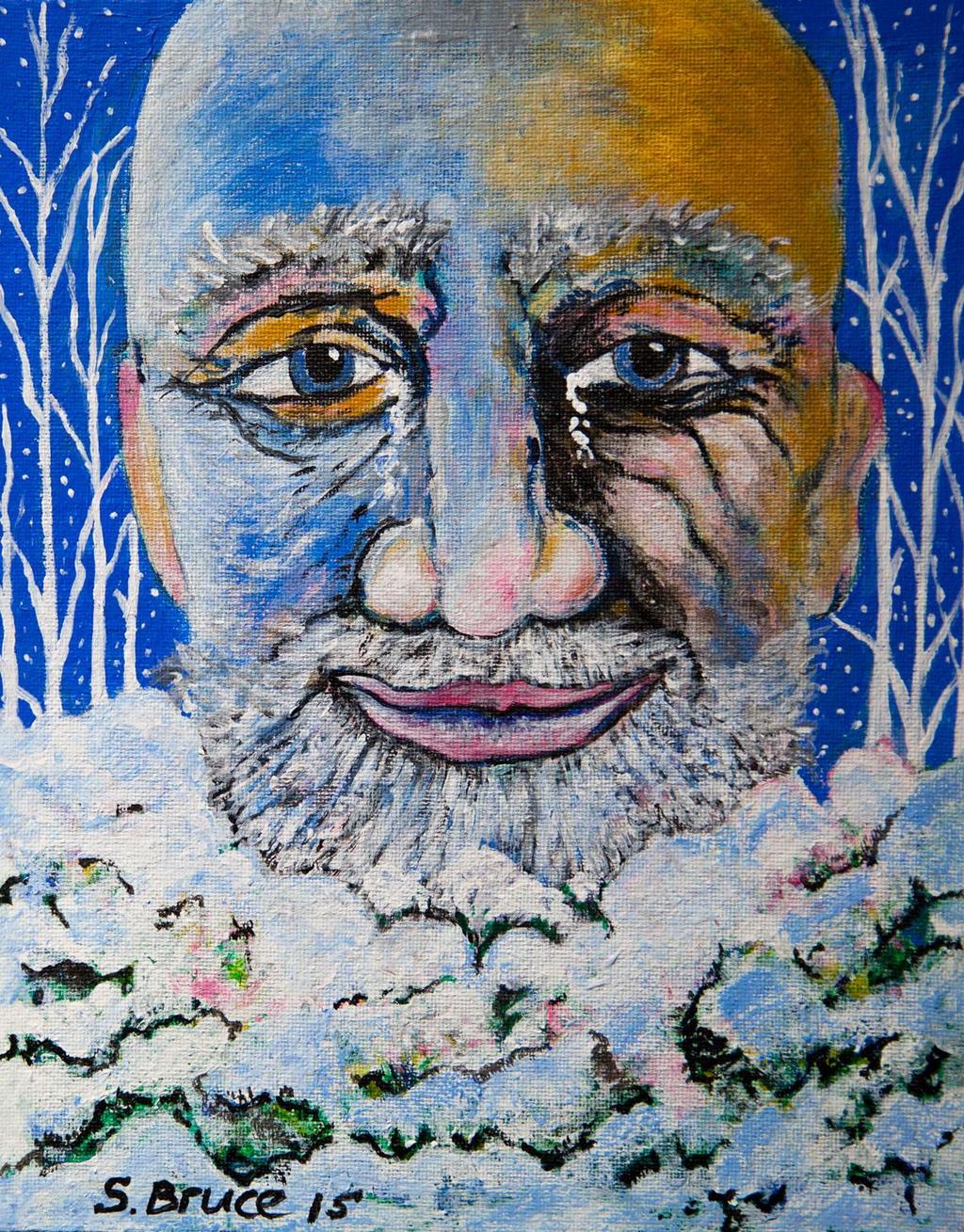 7 A painting by Stephen Bruce inspired by the Selfish Giant. Some questions to ask children: Why is the giants face blue? Why is one side of his face turning pink and yellow?