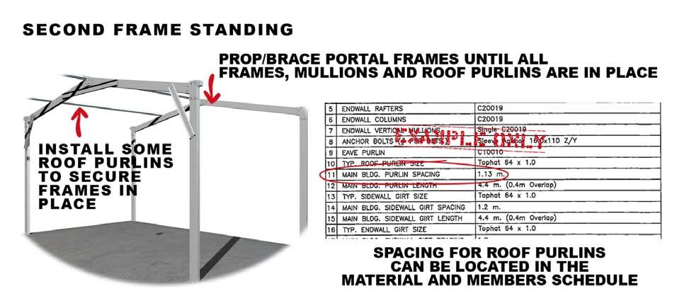 Install the second of the portal assemblies measuring carefully at the top and the bottom of each portal frame to ensure the spacing between the portals are equal and plumb.