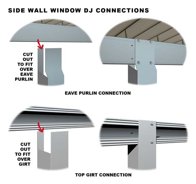 the girts, the bottom fin of the window can be attached to a girt, and the top of the window is attached to EITHER the next girt above the window, the wall sheeting if close to a girt (within 200mm),