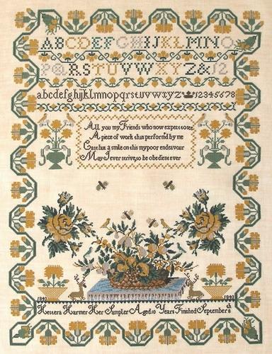 August's Sampler of the Month "Hestera Harmer 1843" reproduced by Barbara/Queenstown Sampler Designs is simply a stunning sampler with some of the most beautiful roses I've seen anywhere.
