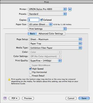 PRINTING on EPSON PRINTERS, cont d PRINT dialog box the PRINTER should already be set the PRESET can be STANDARD unless you often use the same paper COPIES should already be set PAPER SIZE is