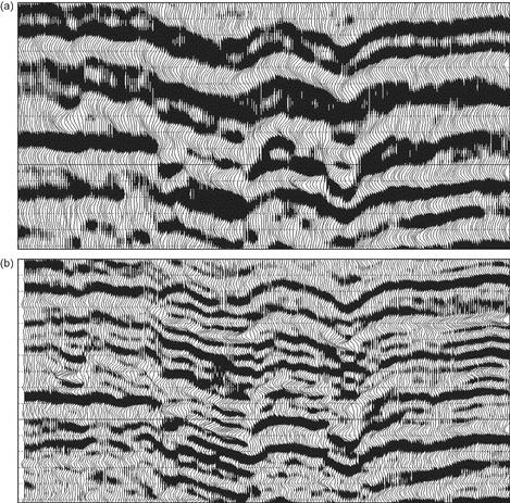 extracted reflectivity with a wider bandpass wavelet (say 5-120 Hz) to provide a high-frequency section. Providing high-frequency attributes that enhance lateral resolution of geologic features.