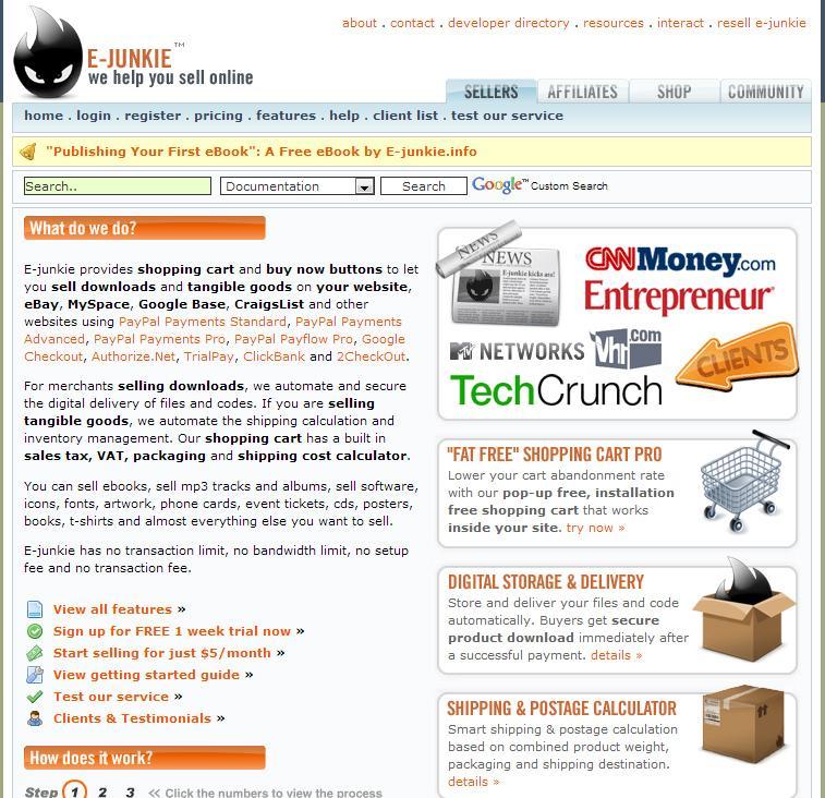 E-Junkie - http://www.e-junkie.com/ E-Junkie is a service that helps product creators to sell their products and services online.