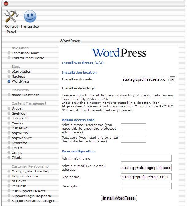 After you have entered your details click Install WordPress and then follow the last few on screen steps to install your blog. Now your basic blog is installed.