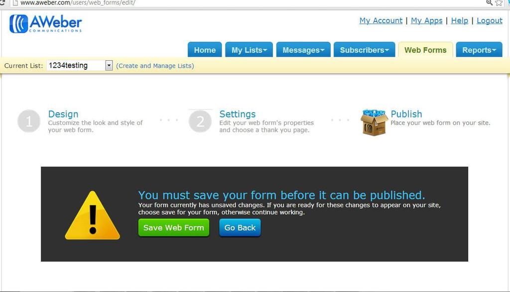 Once you have saved your web form it will then ask about publishing.