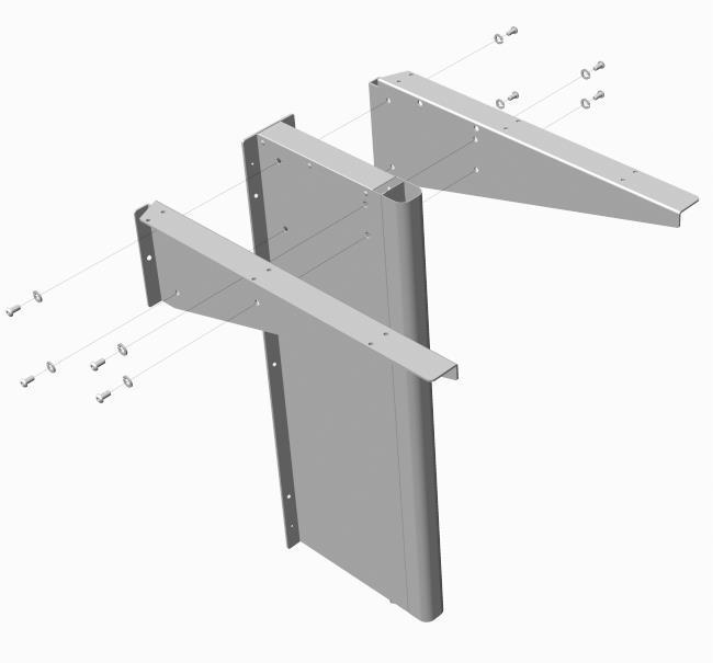 It supports two adjacent linear work surfaces, one attached to each of the adjacent base core frames.