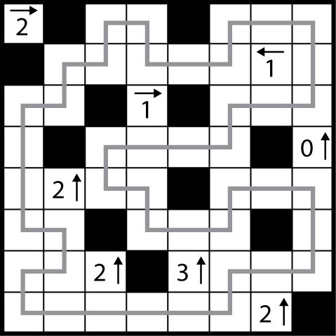 Two examples of Yajilin puzzles and their solutions are shown below.