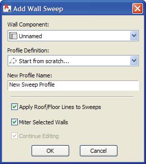 AutoCAD Architecture 2009 Advanced To Create a Wall Sweep 1. Create the desired profile. 2. Select the wall, right-click and select Sweeps>Add. The Add Wall Sweep dialog box appears. 3.