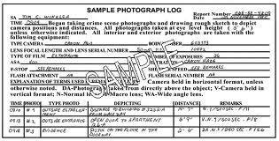 A detailed log of each photograph taken at the crime scene is kept by the crime scene photographer.