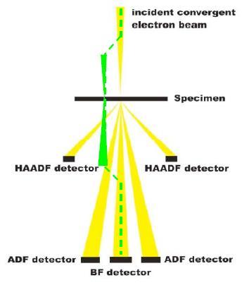 Diffracted beams are detected either by the Annular Dark Field (ADF) detector or High Angle ADF (HAADF) detector.
