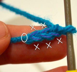 When crocheting around a chain, you work in the loops of the chain. These are highlighted in purple in the photo above.