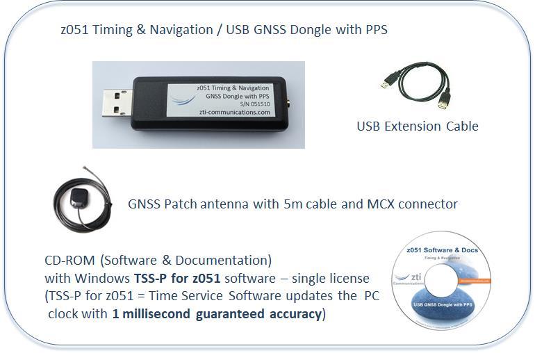 z051-usb-a z051-stk-a (Starter Kit) = z051-usb-a + TSS-P Software Contains: z051 USB GNSS Dongle with PPS + USB Extension Cable + CD-ROM (Software &