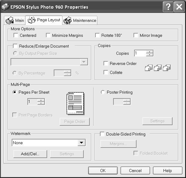 5. Select the following page layout settings as necessary: Select image position options here Select image resizing options here; these affect only your printed image Select multi-page document