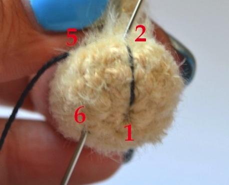 Bring the needle and the thread over the end of the foot and insert a few sts away to the left of point 1 (point