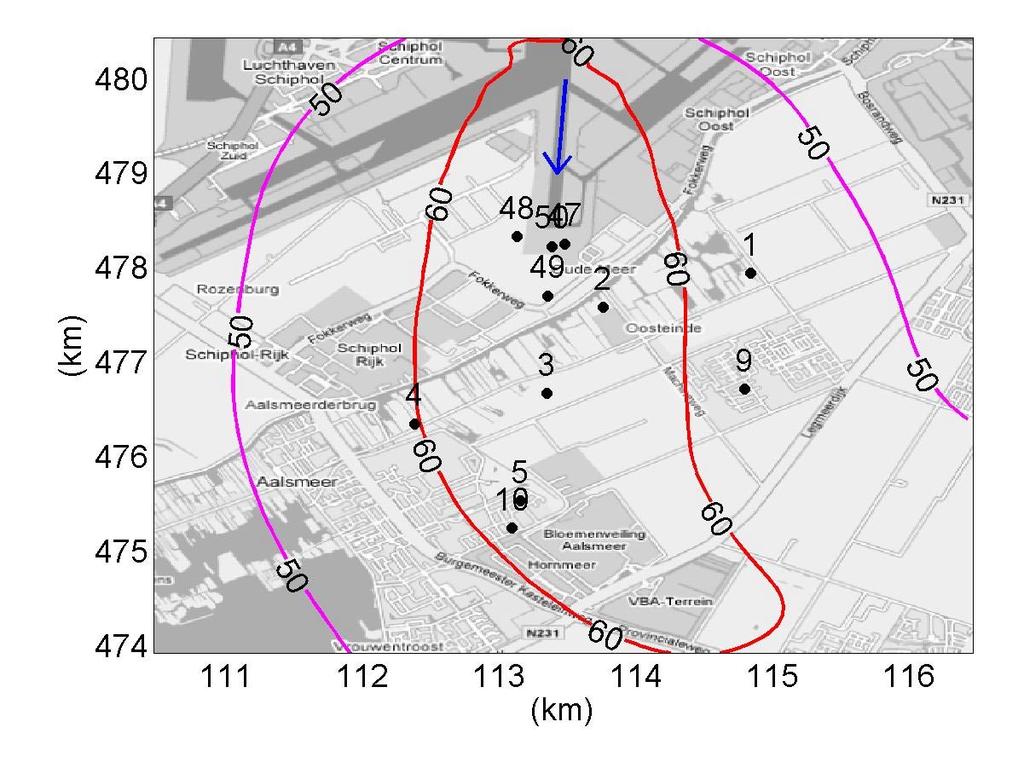 Figure 3 shows a map of the area with the measurement locations indicated (location 25 is outside the map; locations 47 50 are near the end of the runway). Also included in Fig.