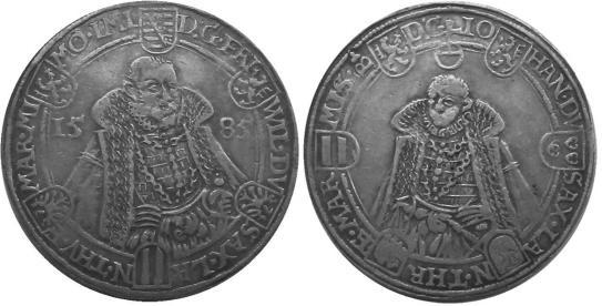 Taler, 1617. Dav. 7529. F/VF, ex mount. Ex: Henry Christensen. ($100-150) Saxe-Old-Gotha 600P. Taler, 1618. Dav. 7529. Toned F/VF, cpl old mks.