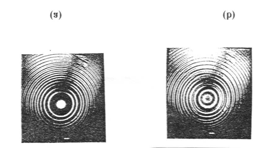 Figure 3: The spatial interference rings of the LC-FPIs: (a) the sigle LC-layer LC-FPI with β= 0 o and zero applied voltage; (b) with β= 45 o and zero voltage; (c) (d) the double LC-film one by