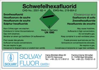 Solvay sulphur hexafluoride is shipped as a pressure-liquefied gas in steel cylinders of various sizes. The filling level of SF 6 per litre of container volume is 1.