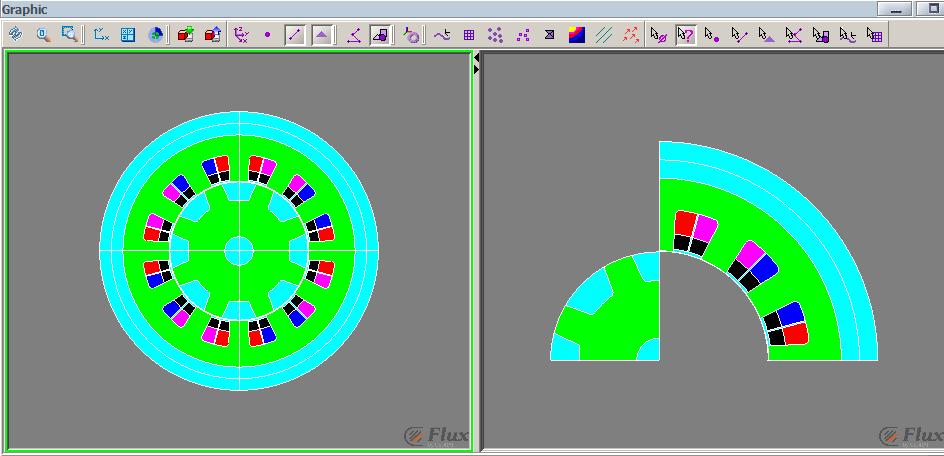finite element analysis. Fig. 4.1 shows a 2D FEA model of the machine built in Flux 12.1 by CEDRAT. Figure 4-1 12/8 SRM finite element analysis model 4.