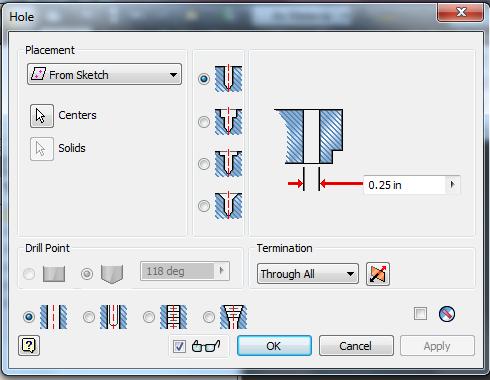 Once you have selected your point your will click on the Finish Sketch button. This will change your view and you will see this toolbar. You will want to select Hole.