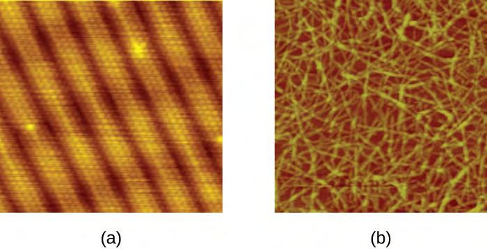 Figure 2.27 STMs and AFMs allow us to view images at the atomic level. (a) This STM image of a pure gold surface shows individual atoms of gold arranged in columns.