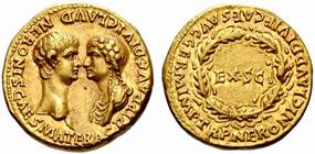 Yet, as under Tiberius, only bronze coins were struck in the name of members of the domus Augusta, in this case bronze coins in name of Augustus and Agrippa, as well as for his mother Agrippina and
