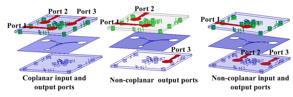 The stepped microstrip lines at the three ports can be placed on either the top layer or the bottom layer according to the engineering requirement as shown in Fig. 5(c).