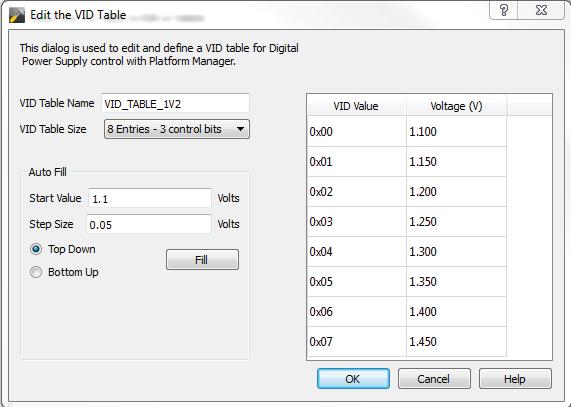 the VID Table dialog box opens and provides various fields for selecting and