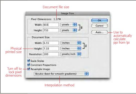 This brings you to the Image Size Dialog Box This can be used to view and change the current resolution of any open document Document File Size- How much space the file will take up on your hard