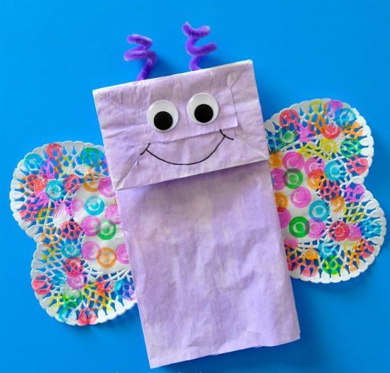 Wee Builder (3 4 years): Paper Bag Butterfly White paper lunch bag Acrylic paint (colour of your choice) Two 6-inch heart doilies Do-A-Dot Art Markers Paint brush Pipe cleaner (cut in half) Black