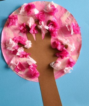 Wee Learner (4-5 years): Handprint Cherry Blossom Tree Light blue cardstock paper(12" x 12") Brown cardstock paper Coffee filter 2 tones of pink acrylic paint Foam brush Dark and light pink tissue
