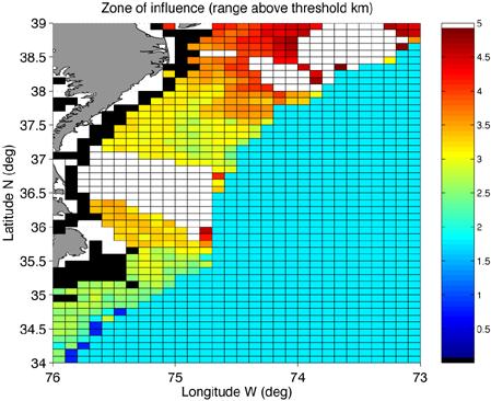 The red, yellow, and green are threshold levels (arbitrarily chosen here) to quickly determine range of influence. Note that most of the variation in azimuth is caused by the changes in bathymetry.