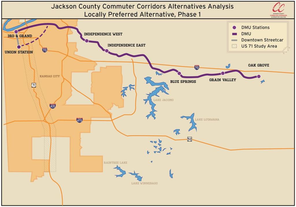 PHASE 1: DMU on the Kansas City Southern Rail Line (Adjacent to I-70), Express Bus Enhancements on the I-70 and on the M-350 Corridor (Adjacent to the Rock Island Railroad) Figure 4: Locally