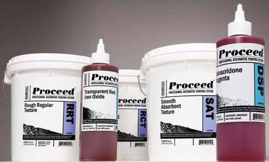 The Proceed Professional Decorative Painting System textures, slow-drying colors, glazes and color dispersions provide a versatile toolbox for creating traditional finishes and for exploring unique