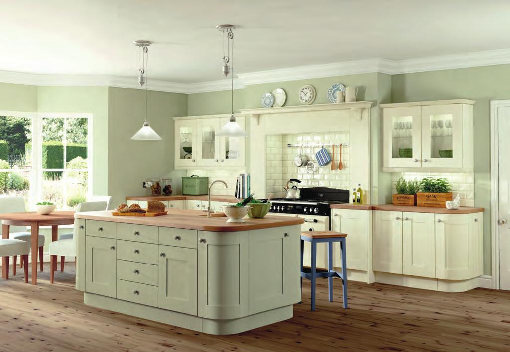 ROCKFORT IVORY & CRANBROOK SAGE Shown with Solid Oak worktop and Natural Iron fluted knob and backplate HPK464 Cranbrook is a new style of a timeless classic.
