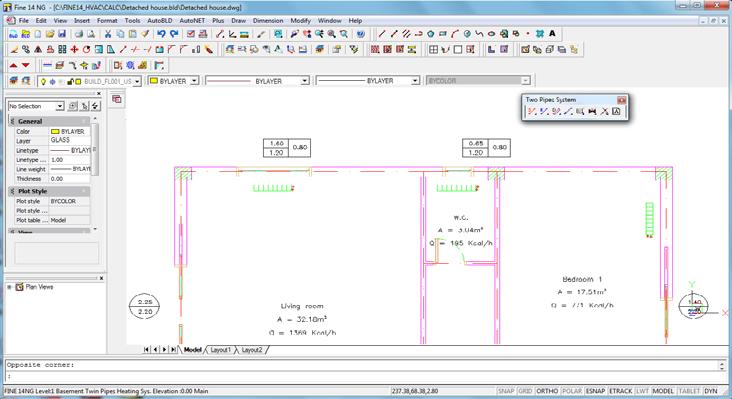 3.4.2. Heating Network design example 1. Continuing working with the previous drawing, from AutoNET > Select application, we choose Two pipes system.