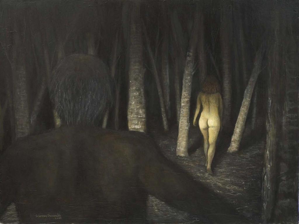 A Man Following a Woman in Dark Woods