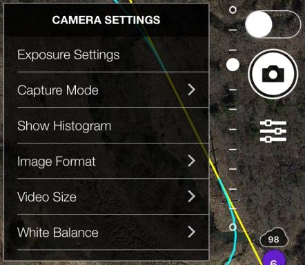 Camera Controls and the Camera Settings Display The current camera settings are displayed across the top of the Litchi Camera View, immediately below the Flight Mode/Status display.
