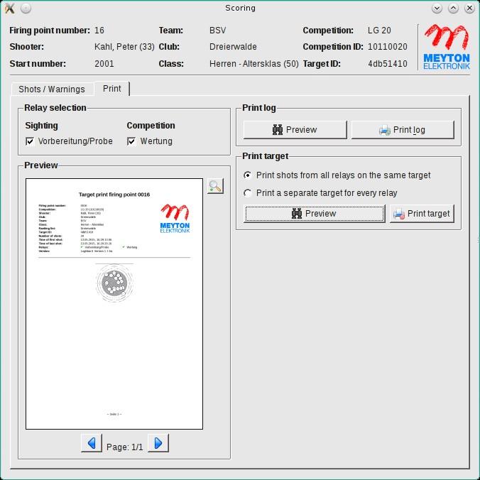 312 Print target with one-to-one size When using a control sheet behind the measuring frame it can be useful to print out a one-to-one size target with all the hits that were measured by the Meyton