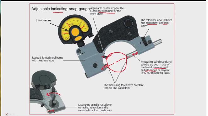 (Refer Slide Time: 03:08) Now these are adjustable indicating snap gauge so, you can see here these are adjustable snap gauge reason is the distance between the measuring faces can be adjusted.