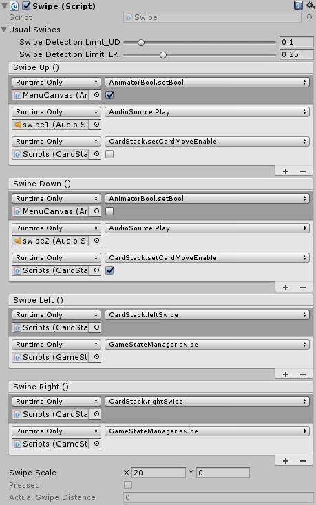 Swipe Script (in Scripts) Swipe Up sets the AnimatorBool of the MenuCanvas to true, to show the game menu. Plays a audio file (swipe1).