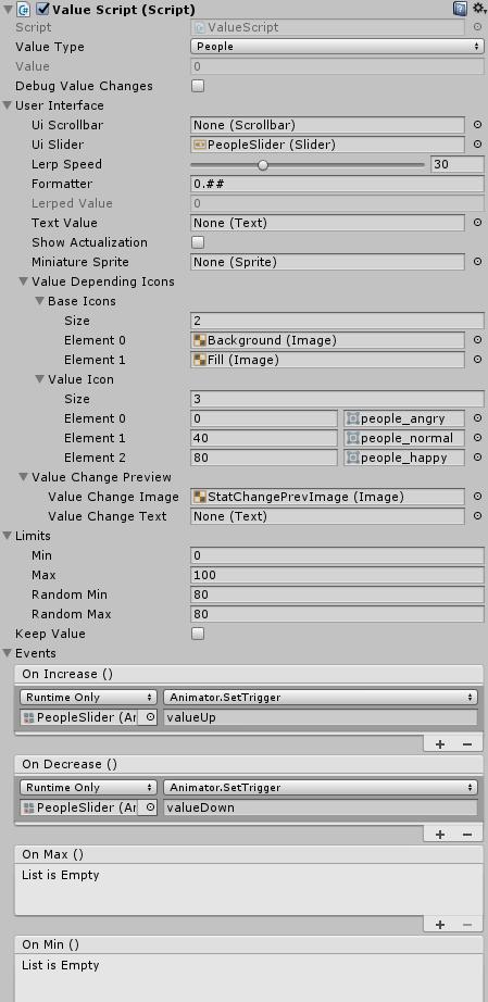 Value Script (in Values) For every value you will also need a Value Script. In the example Game scene they are attached each on an empty GameObject under Values in the Hierarchy window.