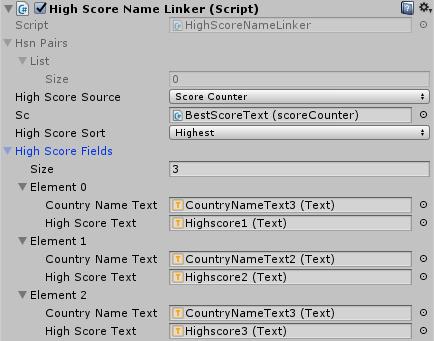 High scores (in MenuCanvas Panels HighscorePanel) The High Score Name Linker script allows you to display several highscores. High Score Source you can choose between Score Counter and Value Script.