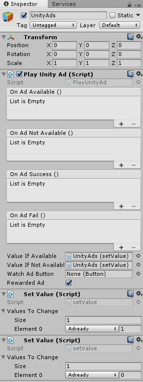 Unity Ads With Update 1.10 support for Unity Ads is now integrated. You can start playing it simply by calling the function showad of the Play Unity Ad script.